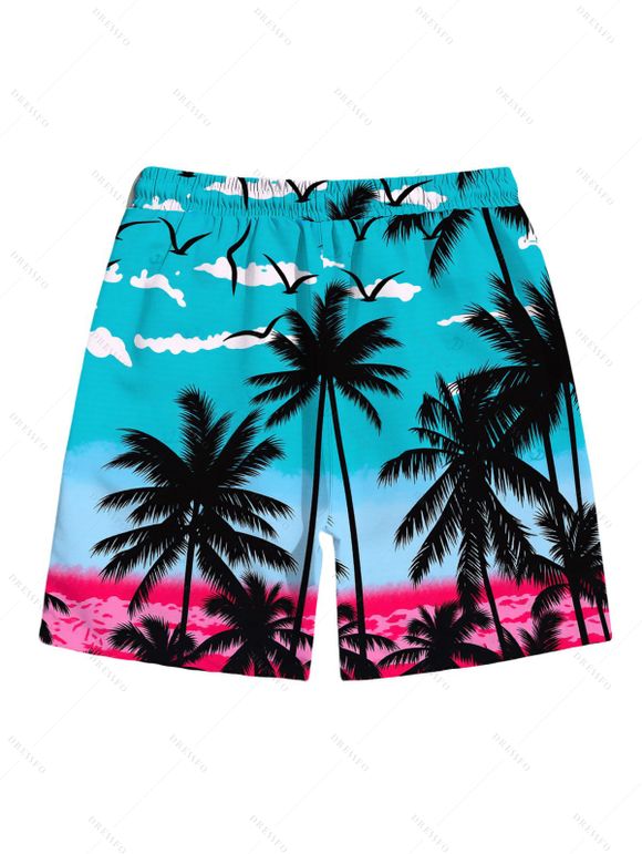 Men's Vacation Beach Shorts Ombre Tropical Coconut Tree Seagull Print Pocket Drawstring Board Shorts - Bleu Toile de Jean 5XL