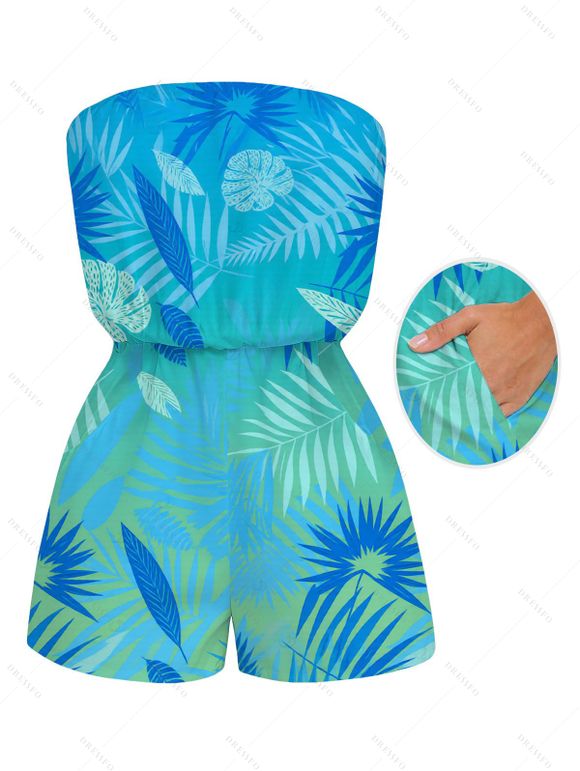 Beach Vacation Romper Ombre Tropical Palm Leaf Print Pocket Off the Shoulder Romper - Bleu Toile de Jean XXL | US 14