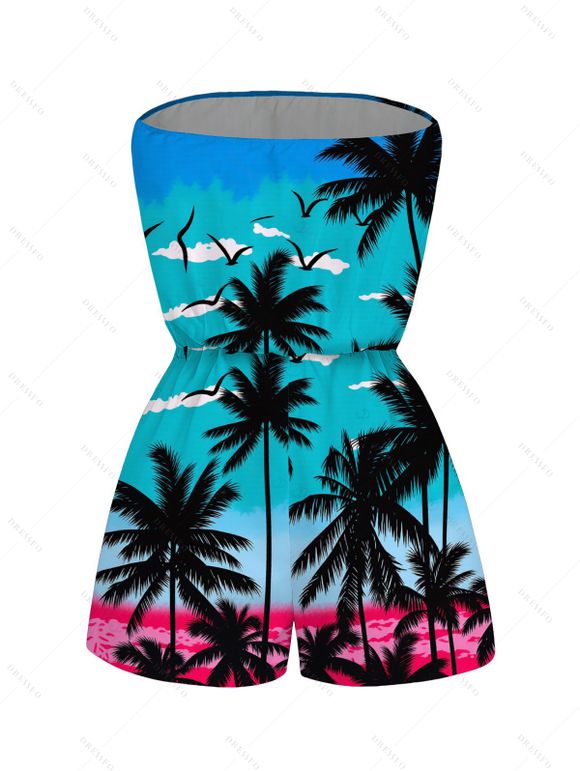 Beach Vacation Romper Ombre Tropical Coconut Tree Seagull Print Pocket Off the Shoulder Romper - Bleu Toile de Jean XXL | US 14