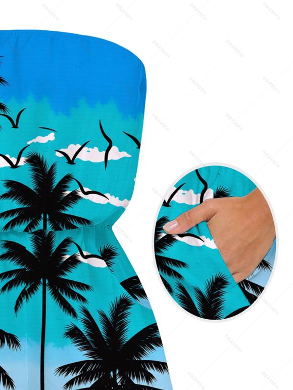 Beach Vacation Romper Ombre Tropical Coconut Tree Seagull Print Pocket Off the Shoulder Romper - Bleu Toile de Jean XXL | US 14
