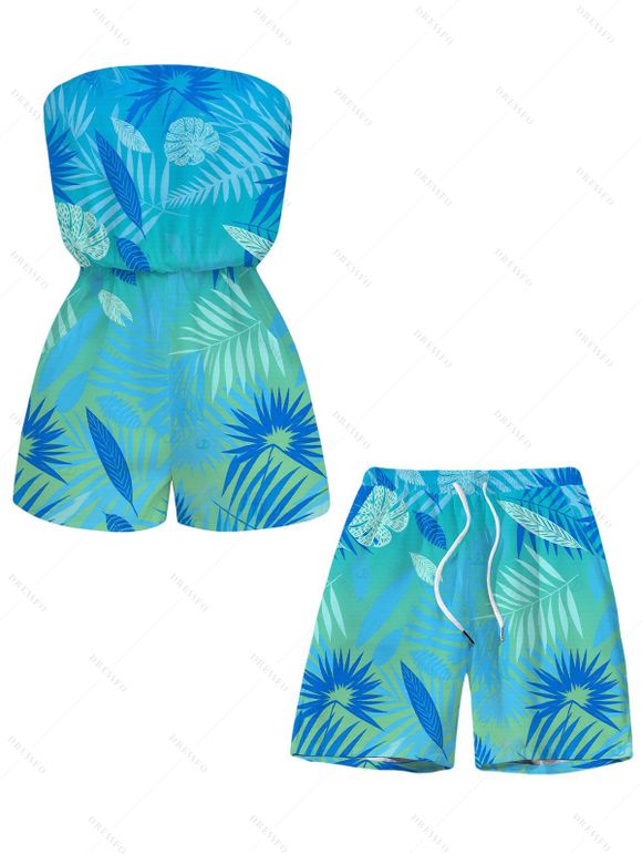 Vacation Couple Outfit Ombre Tropical Palm Leaf Print Pocket Off the Shoulder Romper and Drawstring Beach Shorts Set - Bleu Toile de Jean S | US 4