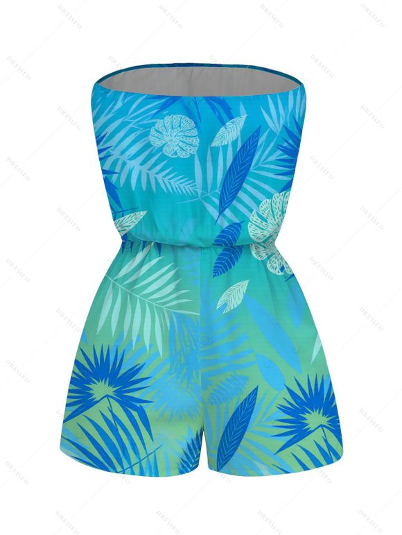 Vacation Couple Outfit Ombre Tropical Palm Leaf Print Pocket Off the Shoulder Romper and Drawstring Beach Shorts Set - Bleu Toile de Jean S | US 4