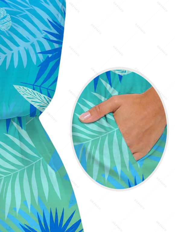 Vacation Couple Outfit Ombre Tropical Palm Leaf Print Pocket Off the Shoulder Romper and Drawstring Beach Shorts Set - Bleu Toile de Jean S | US 4