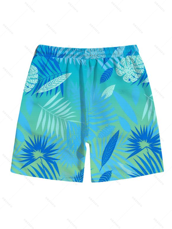 Vacation Couple Outfit Ombre Tropical Palm Leaf Print Pocket Off the Shoulder Romper and Drawstring Beach Shorts Set - Bleu Toile de Jean S | US 4