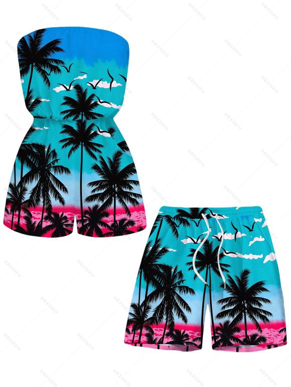 Vacation Couple Outfit Tropical Coconut Tree Seagull Print Ombre Pocket Off the Shoulder Romper and Drawstring Beach Shorts Set - Bleu Toile de Jean S | US 4