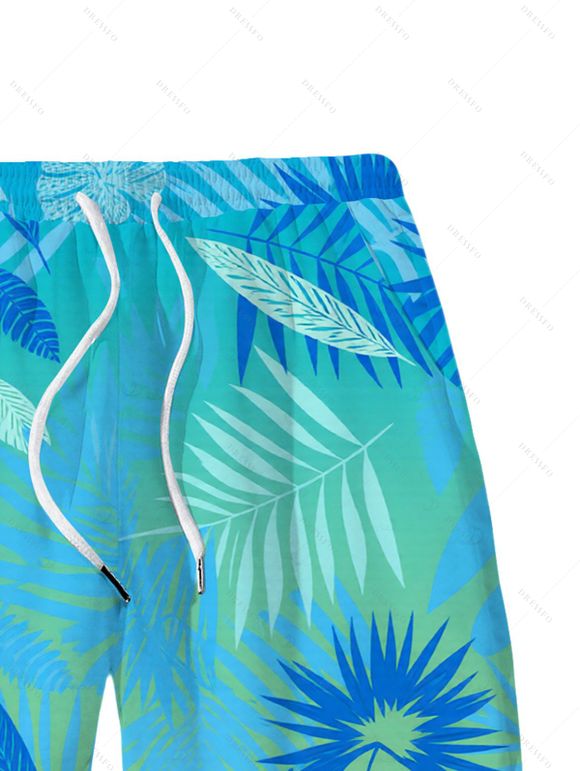 Vacation Couple Outfit Ombre Tropical Palm Leaf Print Pocket Off the Shoulder Romper and Drawstring Beach Shorts Set - Bleu Toile de Jean S | US 4