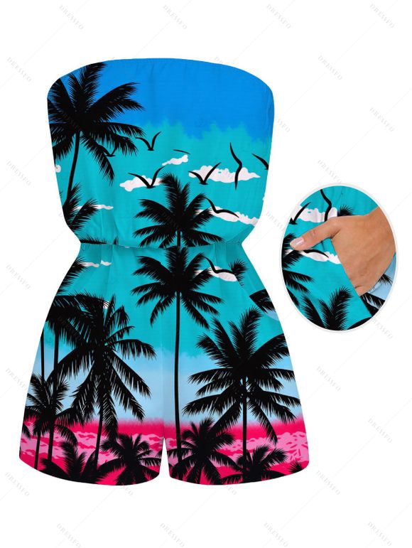 Vacation Couple Outfit Tropical Coconut Tree Seagull Print Ombre Pocket Off the Shoulder Romper and Drawstring Beach Shorts Set - Bleu Toile de Jean S | US 4