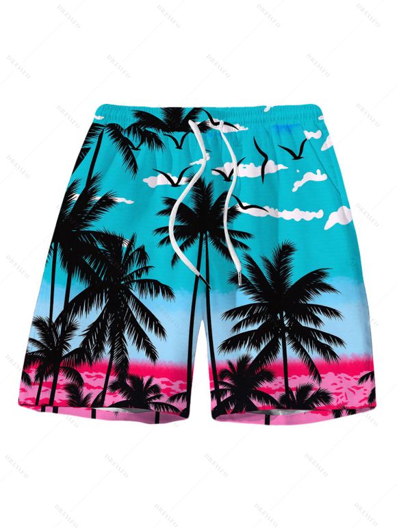 Vacation Couple Outfit Tropical Coconut Tree Seagull Print Ombre Pocket Off the Shoulder Romper and Drawstring Beach Shorts Set - Bleu Toile de Jean S | US 4