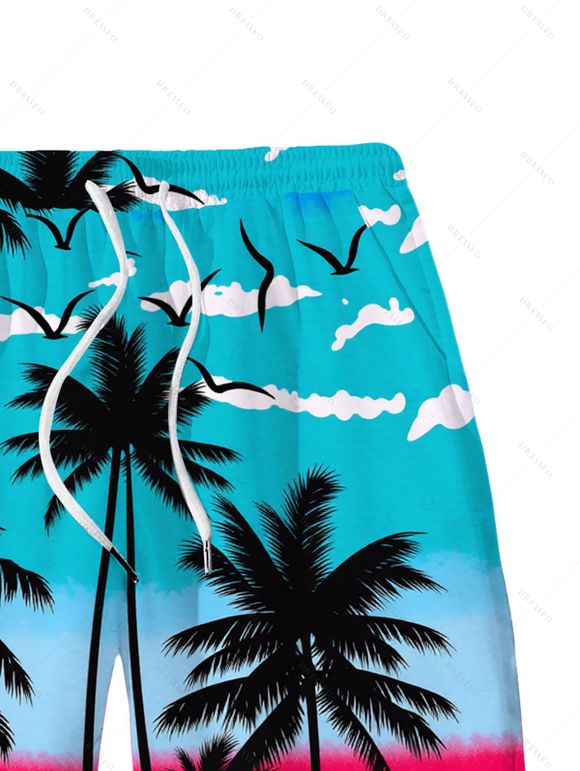 Vacation Couple Outfit Tropical Coconut Tree Seagull Print Ombre Pocket Off the Shoulder Romper and Drawstring Beach Shorts Set - Bleu Toile de Jean S | US 4