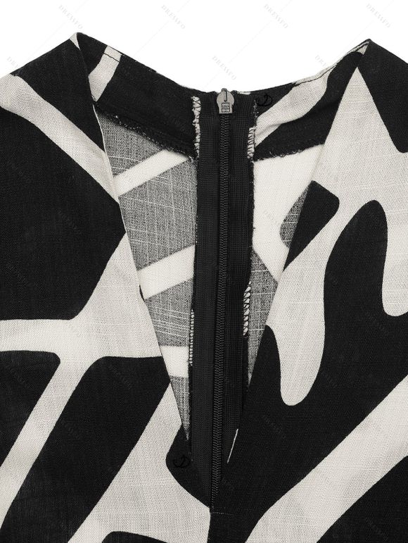 Combinaison de vacances vintage à imprimé géométrique monochrome de feuilles et col en V noué - Noir S | US 4