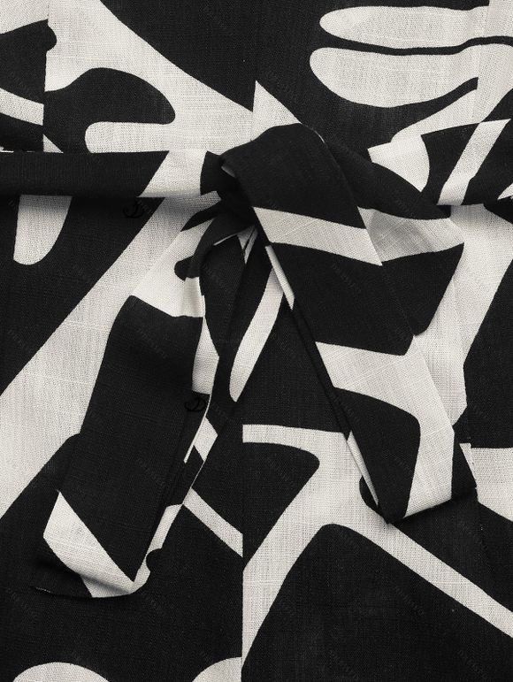 Combinaison de vacances vintage à imprimé géométrique monochrome de feuilles et col en V noué - Noir S | US 4