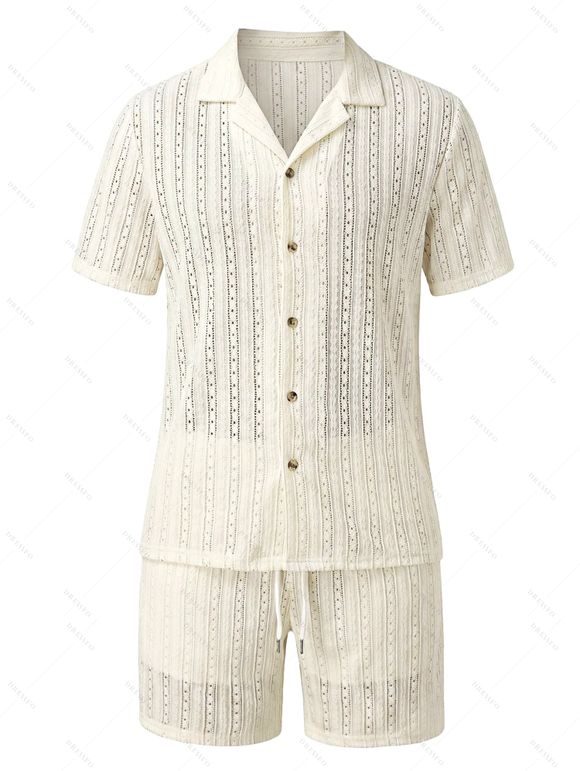 Men's Casual Outfit Solid Color Striped Hollow Out Button Up Shirt and Pocket Drawstring Shorts Set - Beige L