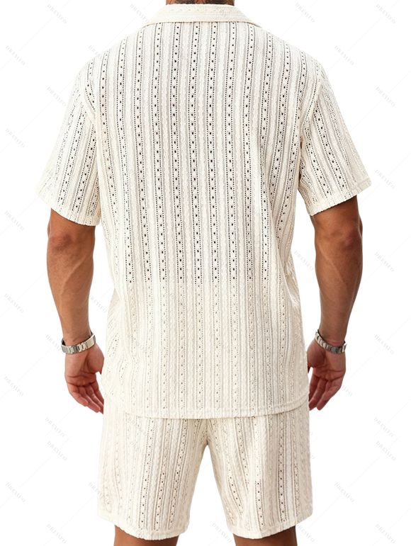 Men's Casual Outfit Solid Color Striped Hollow Out Button Up Shirt and Pocket Drawstring Shorts Set - Beige L