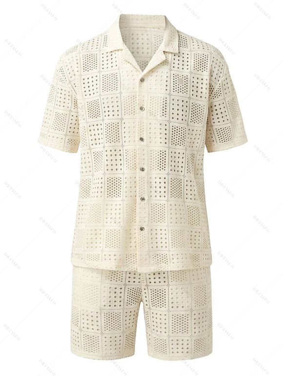 Men's Casual Outfit Geometric Hollow Out Plain Color Button Up Shirt and Shorts Set - Beige XXXL
