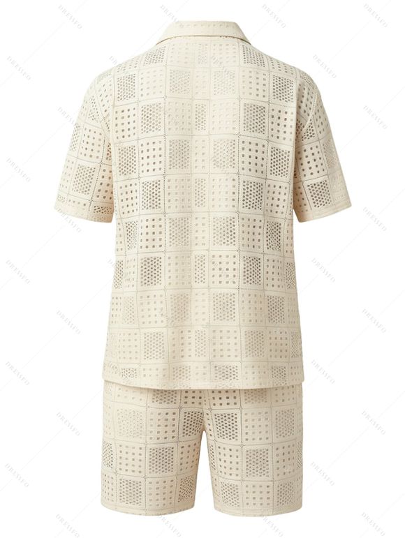 Men's Casual Outfit Geometric Hollow Out Plain Color Button Up Shirt and Shorts Set - Beige XXXL