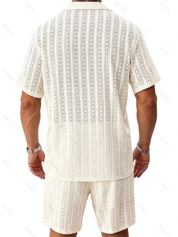 Men's Casual Outfit Solid Color Striped Hollow Out Button Up Shirt and Pocket Drawstring Shorts Set - Beige XXL