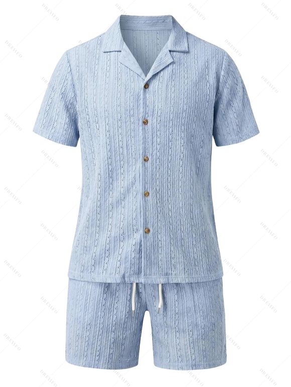 Men's Casual Outfit Solid Color Striped Hollow Out Button Up Shirt and Pocket Drawstring Shorts Set - Bleu clair XXL