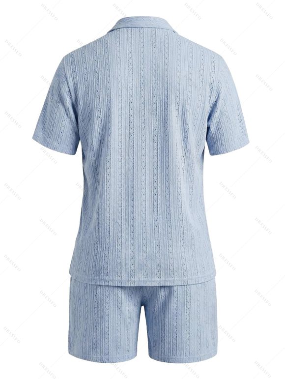 Men's Casual Outfit Solid Color Striped Hollow Out Button Up Shirt and Pocket Drawstring Shorts Set - Bleu clair XXL