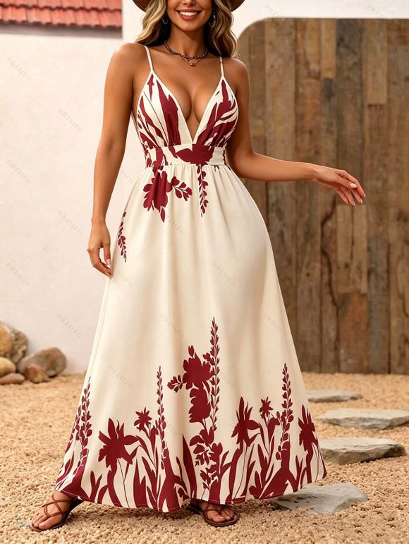 Vintage Vacation Dress Floral Leaf Silhouette Print Plunging Neck Open Back Maxi Dress - Champagne XL | US 10