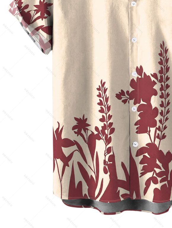 Men's Vintage Vacation Shirt Floral Leaf Silhouette Print Button Up Shirt - Champagne 5XL