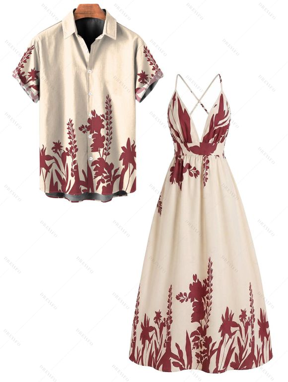 Vintage Vacation Couple Outfit Floral Leaf Silhouette Print Plunging Neck Open Back Maxi Dress and Shirt Set - Champagne S | US 4