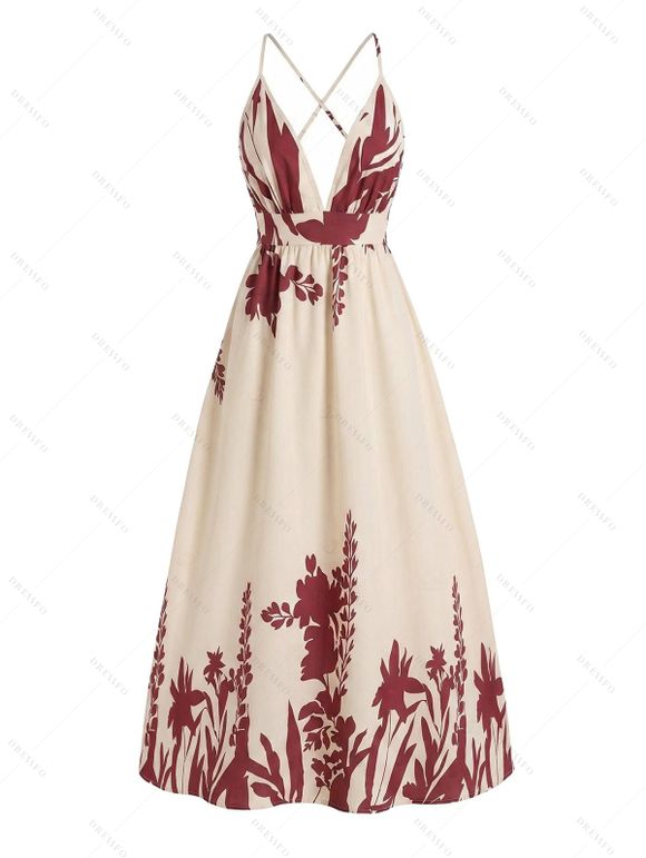 Vintage Vacation Couple Outfit Floral Leaf Silhouette Print Plunging Neck Open Back Maxi Dress and Shirt Set - Champagne S | US 4