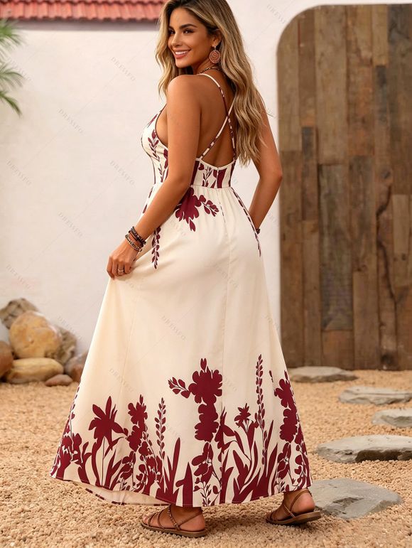 Vintage Vacation Dress Floral Leaf Silhouette Print Plunging Neck Open Back Maxi Dress - Champagne XL | US 10