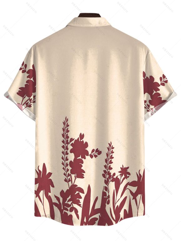 Vintage Vacation Couple Outfit Floral Leaf Silhouette Print Plunging Neck Open Back Maxi Dress and Shirt Set - Champagne S | US 4