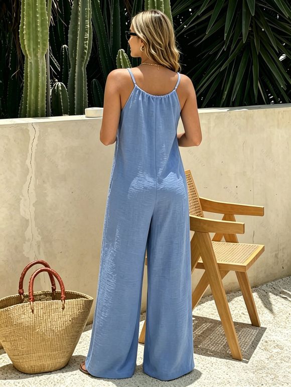 Vacation Jumpsuit Solid Color Tied Shoulder Spaghetti Strap Wide Leg Jumpsuit - Bleu Ciel XL | US 10