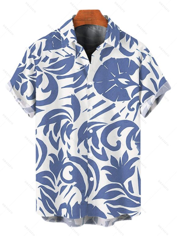 Hawaiian Vacation Couple Outfit Solid Color Tied Shoulder Jumpsuit and Botanical Leaf Silhouette Print Shirt Set - Bleu Ciel S | US 4
