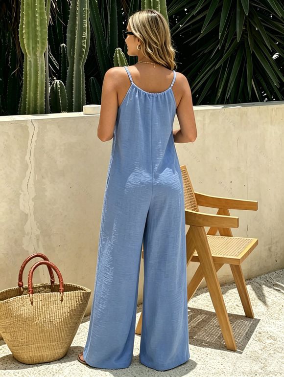 Hawaiian Vacation Couple Outfit Solid Color Tied Shoulder Jumpsuit and Botanical Leaf Silhouette Print Shirt Set - Bleu Ciel S | US 4