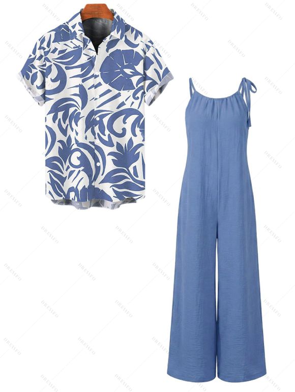 Hawaiian Vacation Couple Outfit Solid Color Tied Shoulder Jumpsuit and Botanical Leaf Silhouette Print Shirt Set - Bleu Ciel S | US 4