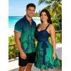 Vacation Couple Outfit Ombre Octopus Pattern Ruched Bust Belt Sweetheart Neck Dress and Button Up Shirt Drawstring Shorts Beach Matching Outfit - Vert profond S | US 4