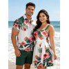 Vacation Couple Outfit Tropical Floral Leaf Pattern Ruched Bust Belted Dress and Roll Up Sleeve Shirt Solid Color Drawstrings Beach Shorts Outfit