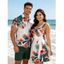 Vacation Couple Outfit Tropical Floral Leaf Pattern Ruched Bust Belted Dress and Roll Up Sleeve Shirt Solid Color Drawstrings Beach Shorts Outfit - Vert profond S | US 4