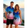 Vacation Couple Outfit Coconut Tree Print Ombre Spaghetti Strap A Line Dress and Roll Up Sleeve Shirt Solid Color Drawstring Shorts Beach Outfit - Bleu S | US 4