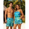 Vacation Couple Outfit Ombre Tropical Palm Leaf Print Pocket Off the Shoulder Romper and Drawstring Beach Shorts Set - Bleu Toile de Jean S | US 4