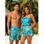 Vacation Couple Outfit Ombre Tropical Palm Leaf Print Pocket Off the Shoulder Romper and Drawstring Beach Shorts Set - Bleu Toile de Jean S | US 4