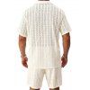 Men's Casual Outfit Solid Color Striped Hollow Out Button Up Shirt and Pocket Drawstring Shorts Set - BEIGE S
