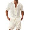 Men's Casual Outfit Solid Color Striped Hollow Out Button Up Shirt and Pocket Drawstring Shorts Set - BEIGE S