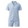 Men's Casual Outfit Solid Color Striped Hollow Out Button Up Shirt and Pocket Drawstring Shorts Set - Bleu clair M