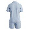 Men's Casual Outfit Solid Color Striped Hollow Out Button Up Shirt and Pocket Drawstring Shorts Set - Bleu clair XL
