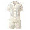 Men's Casual Outfit Solid Color Striped Hollow Out Button Up Shirt and Pocket Drawstring Shorts Set - Beige S