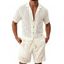 Men's Casual Outfit Solid Color Striped Hollow Out Button Up Shirt and Pocket Drawstring Shorts Set - Bleu clair L