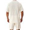 Men's Casual Outfit Solid Color Striped Hollow Out Button Up Shirt and Pocket Drawstring Shorts Set - Beige XXL