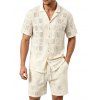 Men's Casual Outfit Geometric Hollow Out Plain Color Button Up Shirt and Shorts Set - Beige L