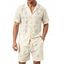 Men's Casual Outfit Geometric Hollow Out Plain Color Button Up Shirt and Shorts Set - Beige XXL