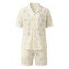 Men's Casual Outfit Geometric Hollow Out Plain Color Button Up Shirt and Shorts Set - Beige XXXL