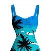 Beach Vacation Dress Ombre Tropical Coconut Tree Seagull Print Ruched Bust Mini Dress - Bleu Toile de Jean S | US 4