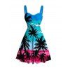 Beach Vacation Dress Ombre Tropical Coconut Tree Seagull Print Ruched Bust Mini Dress - Bleu Toile de Jean XXXXXL | US 20